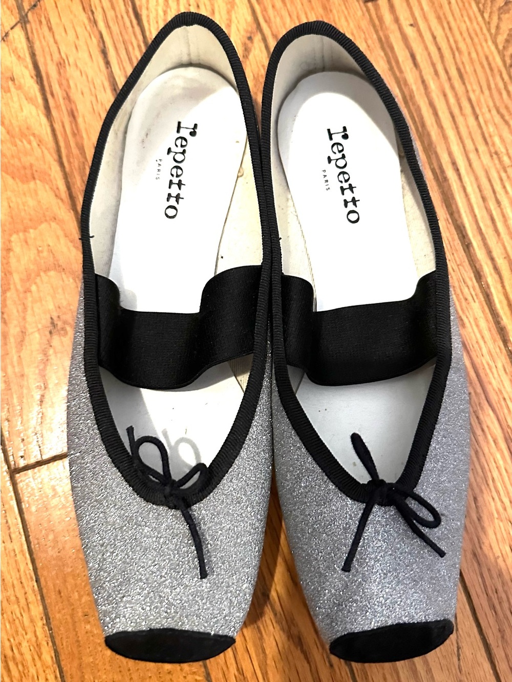 Repetto Silver Glitter Flats with Black Trim and Bow. New no box. - Picture 2 of 2
